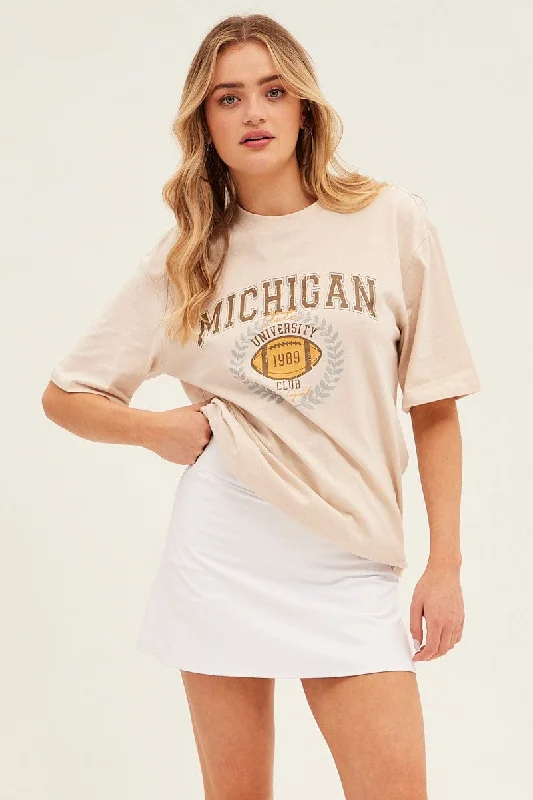 Beige Graphic T-Shirt Varsity Short Sleeve Oversized