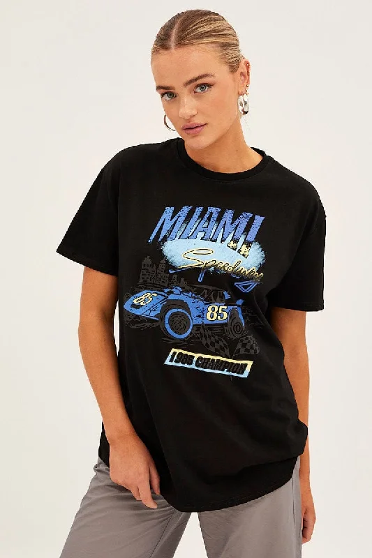 Black Cotton Jersey Short Sleeve Miami Graphic Tee