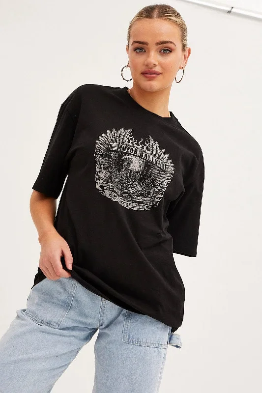 Black Graphic T-Shirt Crew Neck Short Sleeve