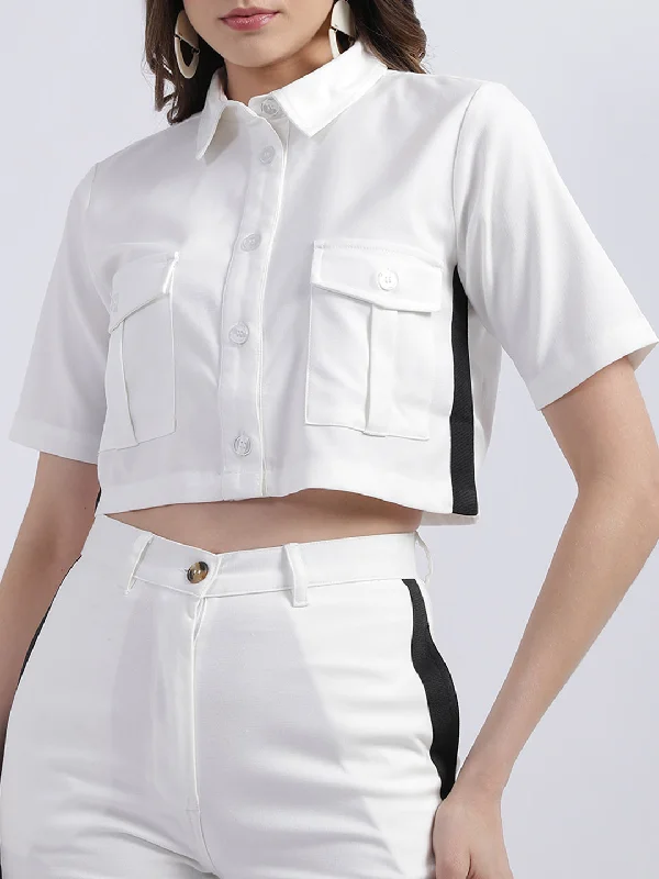 Centre Stage Women Off White Solid Notch Collar Top