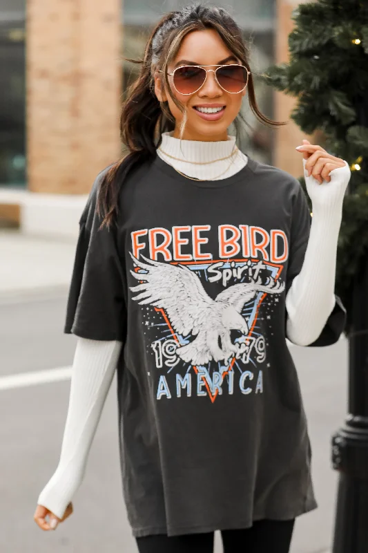 FINAL SALE - Charcoal Free Bird Spirit Oversized Graphic Tee