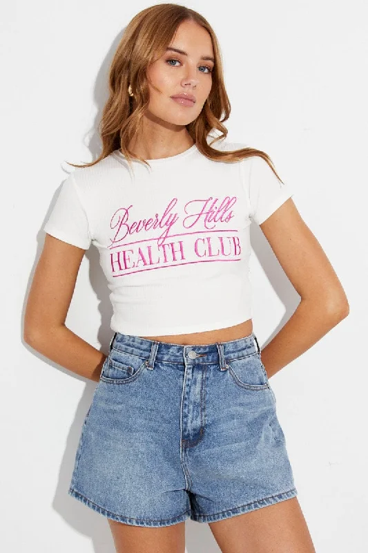 Pink Crop Tee Embroidered Beverly Hills Slogan Tshirt