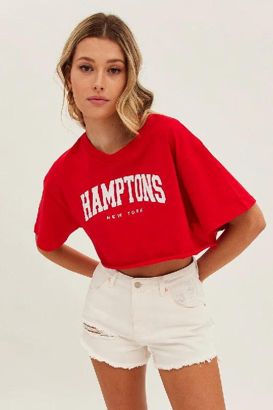 Red Crop T Shirt Short Sleeve Crew Neck Hamptons