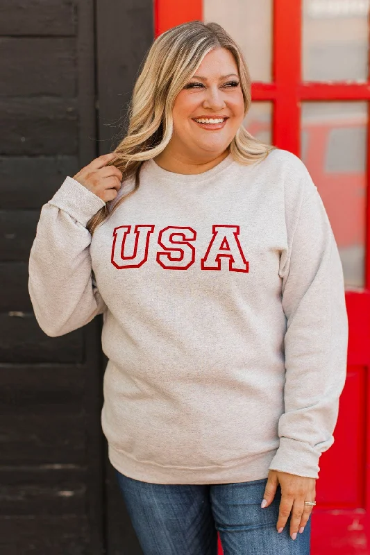 "USA" Graphic Crew Neck Pullover- Heather Oatmeal