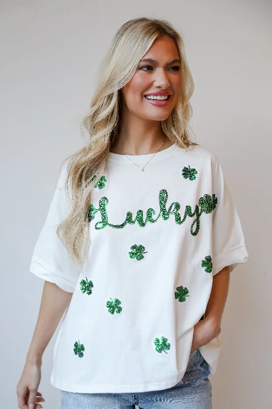 FINAL SALE - White Sequin "Lucky" Four Leaf Clover Tee