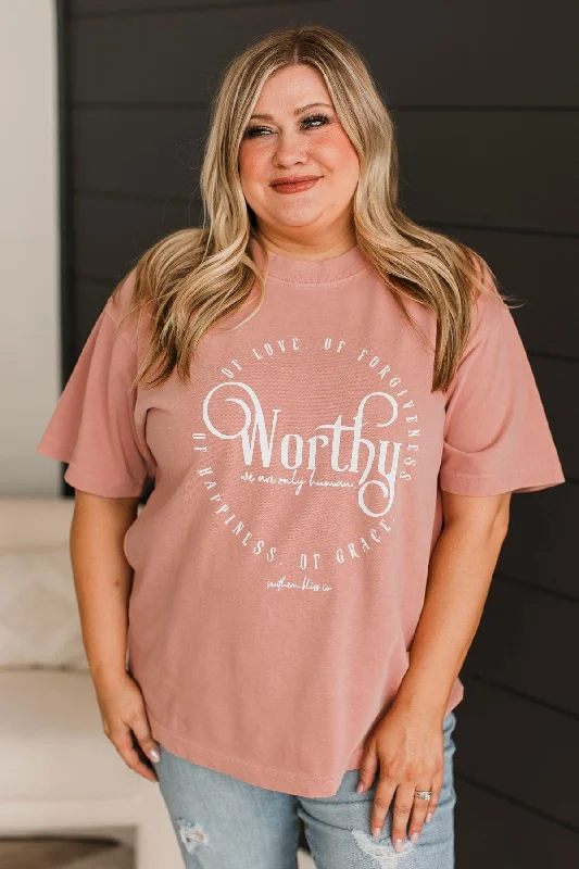 "Worthy" Mock Neck Graphic Tee- Blush