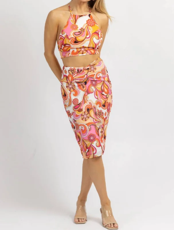 Retro Multifloral Midi Skirt Set In Pink