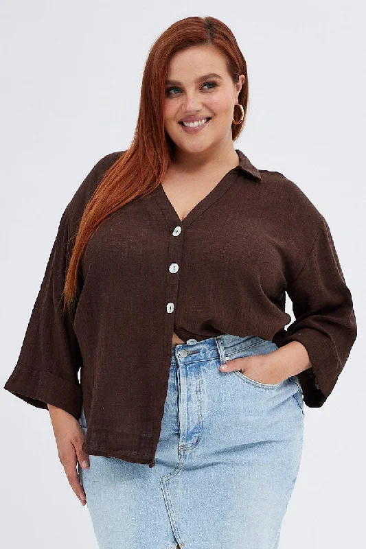 Brown Relaxed Shirt Three Quarter Sleeve V-neck