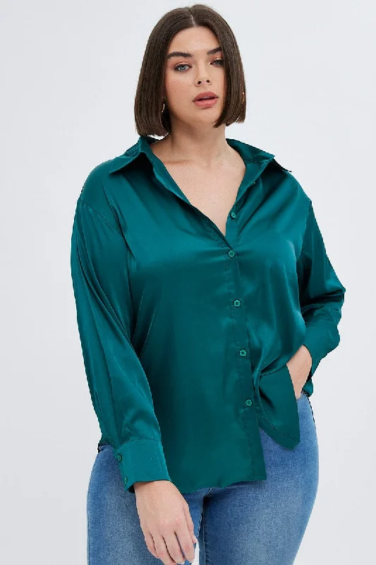 Green Relaxed Shirt Long Sleeve Satin