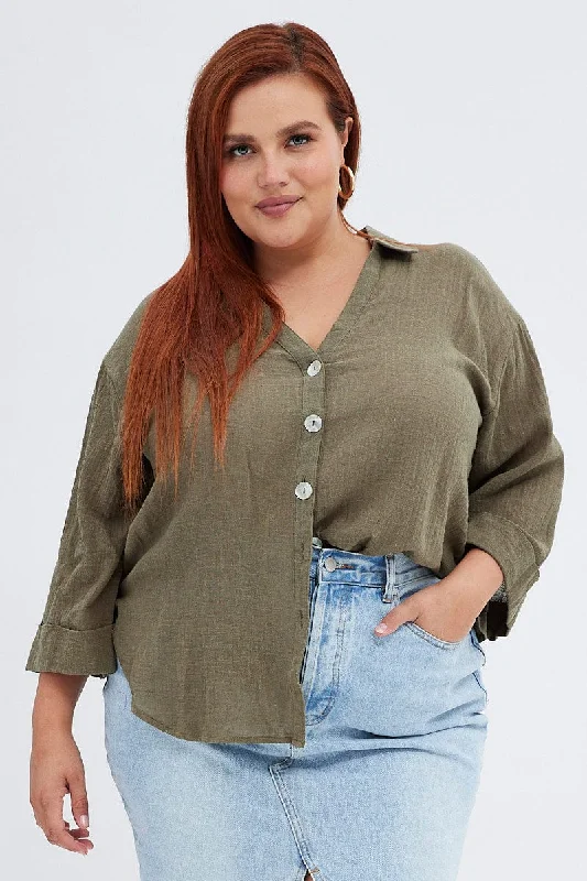 Green Relaxed Shirt Three Quarter Sleeve V-neck