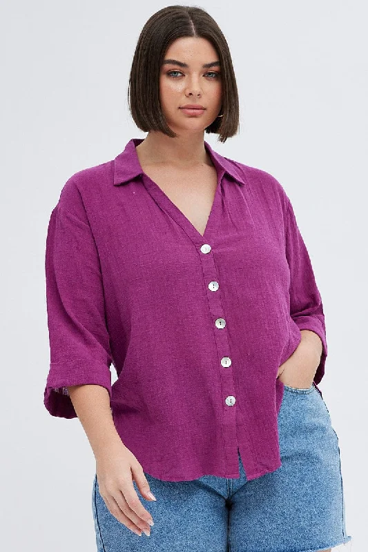 Purple Relaxed Shirt Three Quater Sleeve V-neck