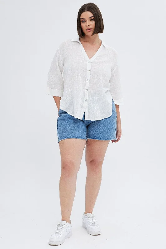 White Relaxed Shirt Three Quater Sleeve V-neck