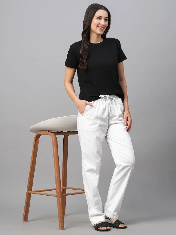 Women's White Cotton Lycra Regular Fit Pant