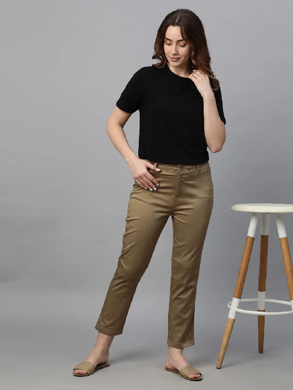 Women's Khaki Cotton Lycra Regular Fit Pant