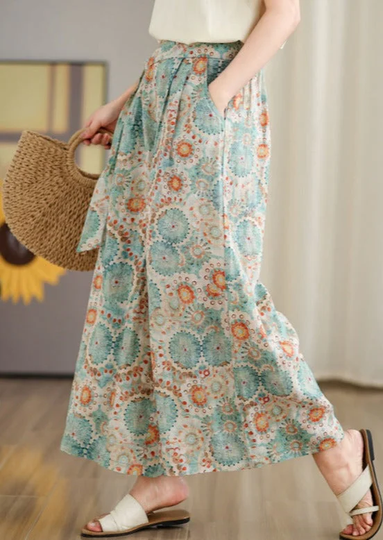 Women Cotton Linen Floral Print Wide-Leg Pants