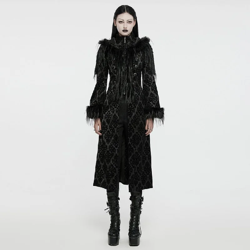 Women's Gothic Faux Fur Splice Jacquard Coat with Hood