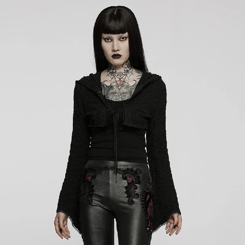 Women's Gothic Punk Flare Sleeved Knitted Short Jacket with Hood