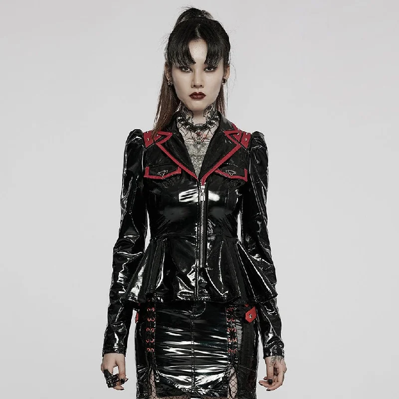 Women's Punk Military Style Contrast Color Patent Leather Jacket