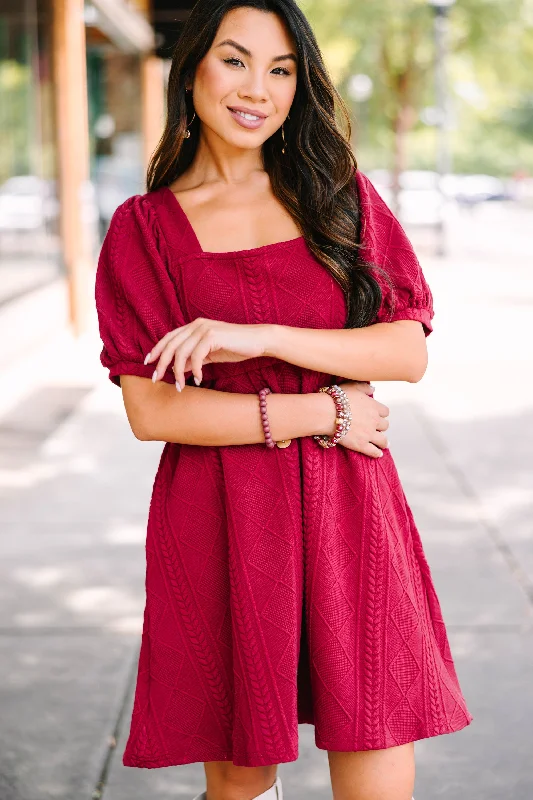 On Your Team Wine Red Cable Knit Babydoll Dress