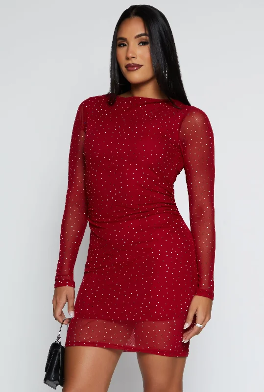 Haute Monde Rhinestone Long Sleeve Mini Dress