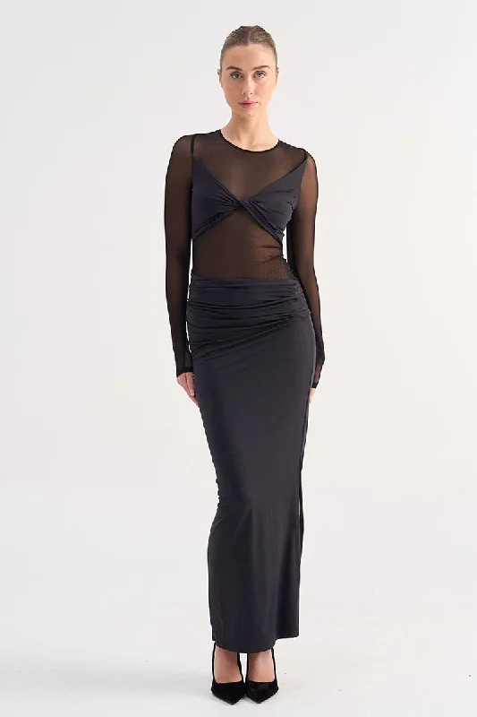 Auguste Long Sleeve Mesh Jersey Maxi - Black