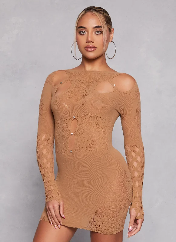 Seamless Rhinestone Long Sleeve Cut Out Mini Dress