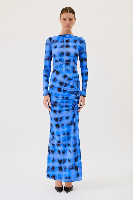 Shibori Long Sleeve Rouched Maxi Dress