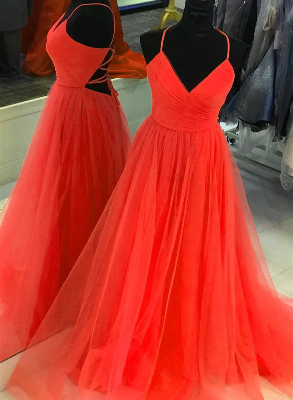 A-Line Tulle V-Neckline Sweetheart Cross Back Long Party Dress, Tulle Evening Dress Prom Dress     S2556