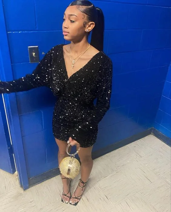 Birthday Outfit Dress For Black Girls,Short Homecoming Dresses,Black Sequins Party Dress      S2492