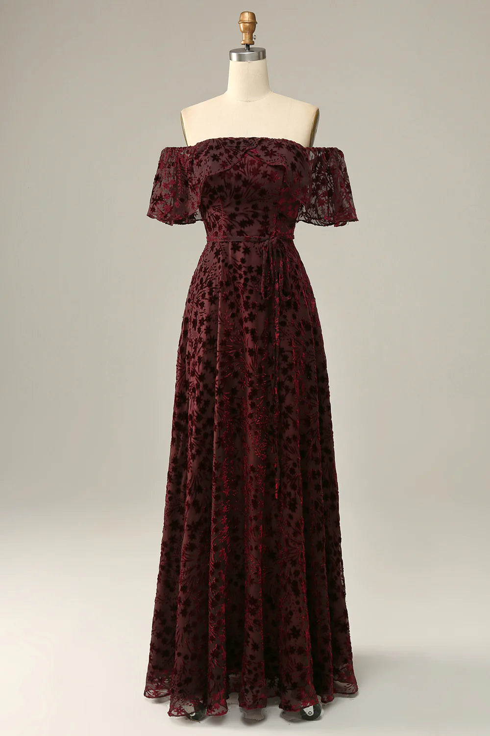 Burgundy Flower Off The Shoulder Evening Dress