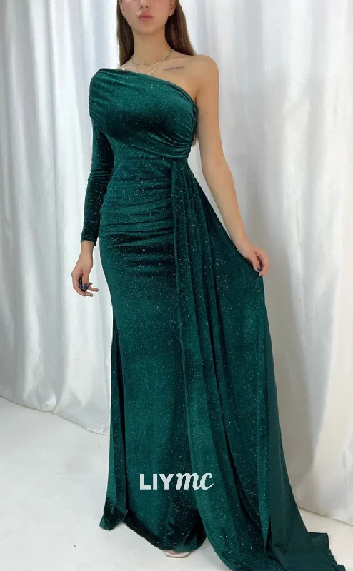 LP663 - Sparkly One Shoulder Velvet Mermaid Long Evening Dress With Sweep Train