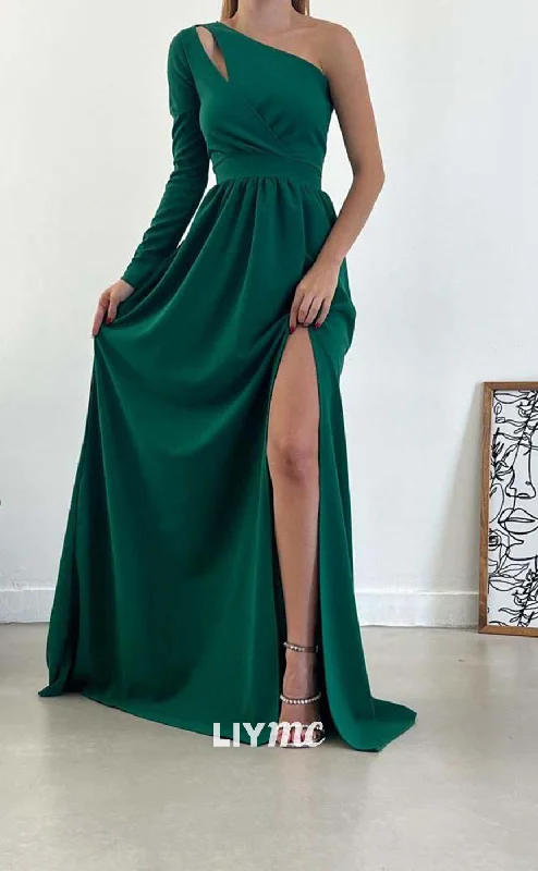 LP665 - A Line One Shoulder Long Sleeves Satin Formal Evening Dress With Slit