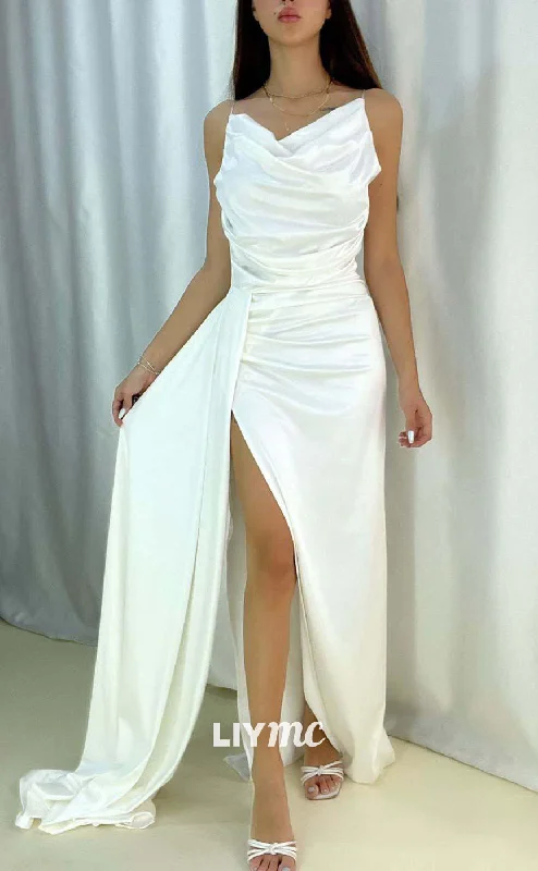 LP668 - Spaghetti Straps Satin Pleated Sheath Long Formal Evening Dress With Slit