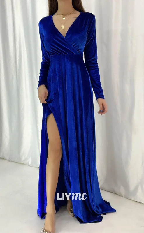 LP670 - A Line V Neck Long Sleeves Velvet Formal Evening Dress With Slit