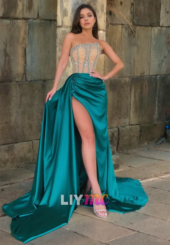 LP706 - Sheath/Column Strapless Beaded Satin Long Prom Evening Dress With Slit