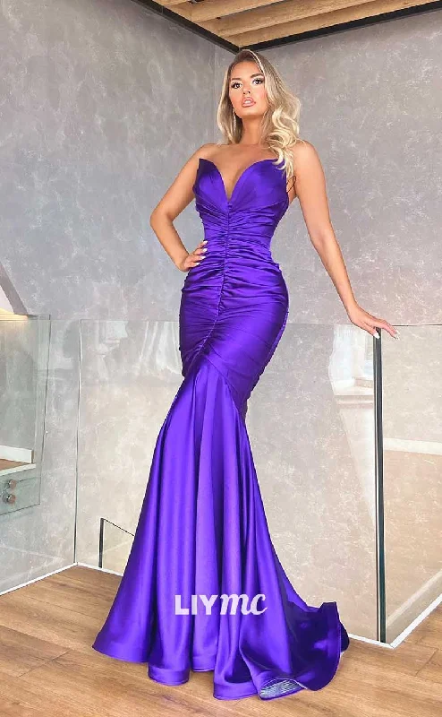 LP718 - Mermaid/Trumpet Strapless Pleated Satin Long Prom Evening Dress