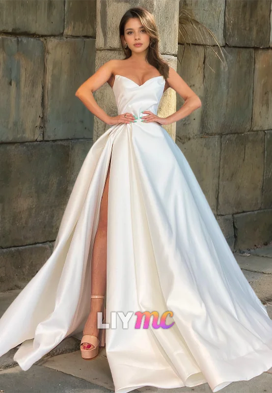 LP720 - A Line V Neck Strapless Satin Long Prom Evening Dress With Slit