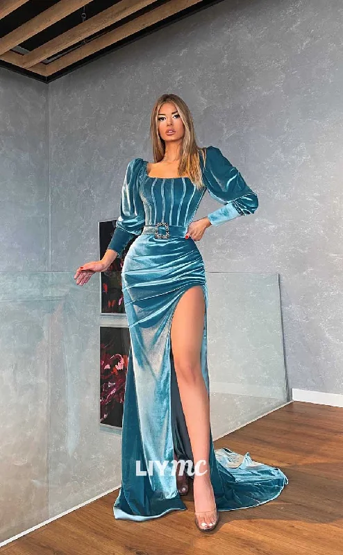 LP739 - Square Neck Long Sleeves Velvet Mermaid Prom Evening Dress With Slit