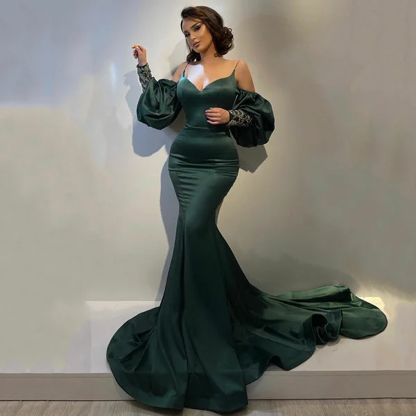 Elegant Hunter Green Satin Mermaid Prom Dress Sexy Sweetheart Spaghetti Straps Evening Gowns    S2372