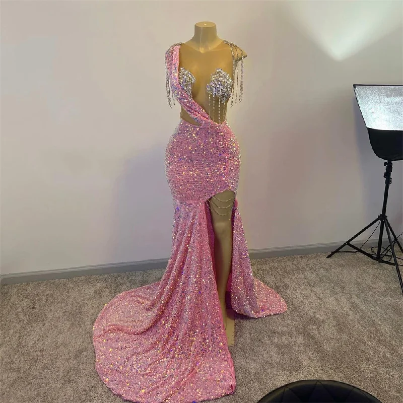 Glitter Pink Sequins Prom Dresses For Black Girls Tassels Luxury Dress For Gala Party 2023 Split Slit Long Mermaid Evening Gowns    S2457