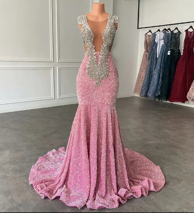 Luxury Long Prom Dresses 2023 Mermaid Sparkly Pink Sequin Black Girls Crystals Evening Formal Gala Party Gowns Robe De Soiree    S2458