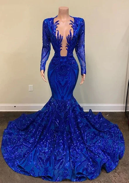 Mermaid Royal Blue Long Sleeevs Deep V Neck Prom Dresses Formal Evening Dresses   S2418