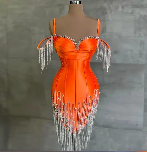 New Arrival Orange Short Prom Dresses Crystals Tassel Sweetheart Women Cocktail Party Evening Gowns Custom Made    S2500