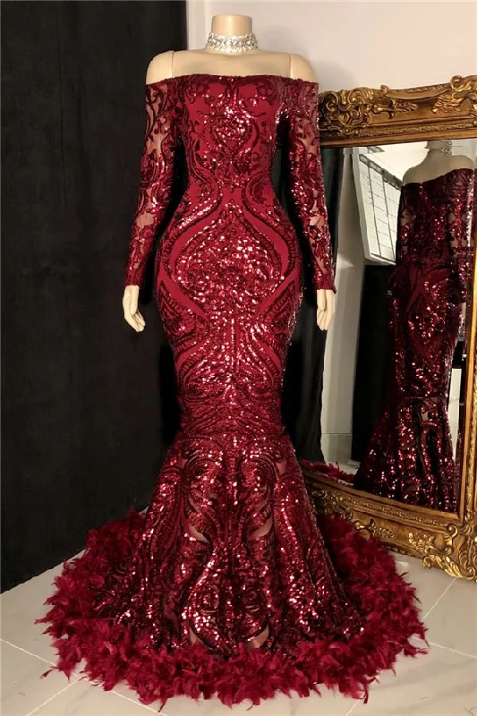 Off The Shoulder Burgundy Prom Dresses with Feather | Long Sleeve Sparkle Lace Mermaid Evening Gowns      S2490