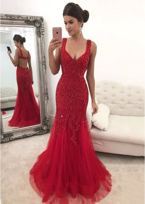 Red Sleeveless V-Neck Prom Dresses Women Dresses,Applique Tulle Backless Evening Dress    S2399