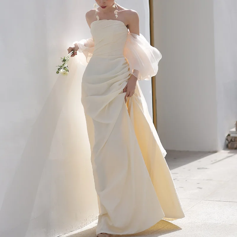 Asymmetrical Ruched Simple Boho Wedding Dress with Slit