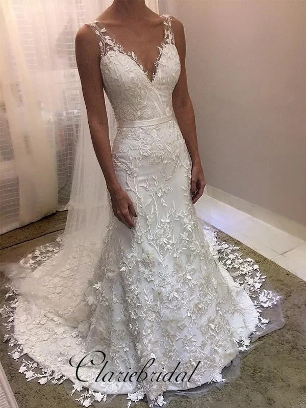 Elegant Lace Wedding Dresses, V-neck Modest Lace Wedding Dresses