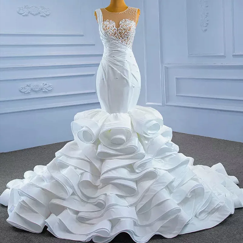 Gorgeous Cascading Ruffles Trumpet Wedding Dress with Sheer Neck