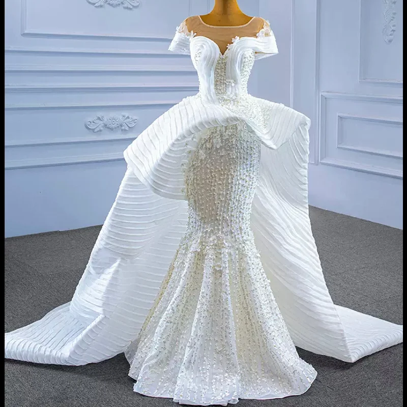 Mermaid Appliques Pearls Cap Sleeve Unique Wedding Dress