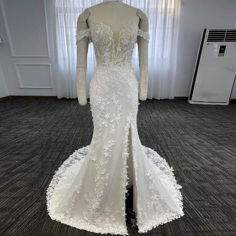 Mermaid Sheer Lace Off Shoulder Wedding Dress With Slit